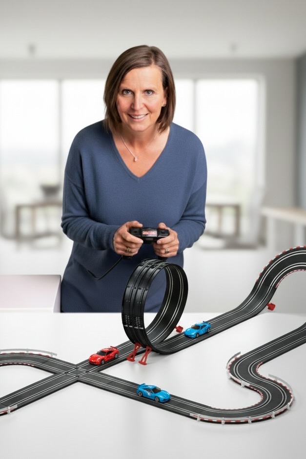 Beate Schranz an einer Carrerabahn